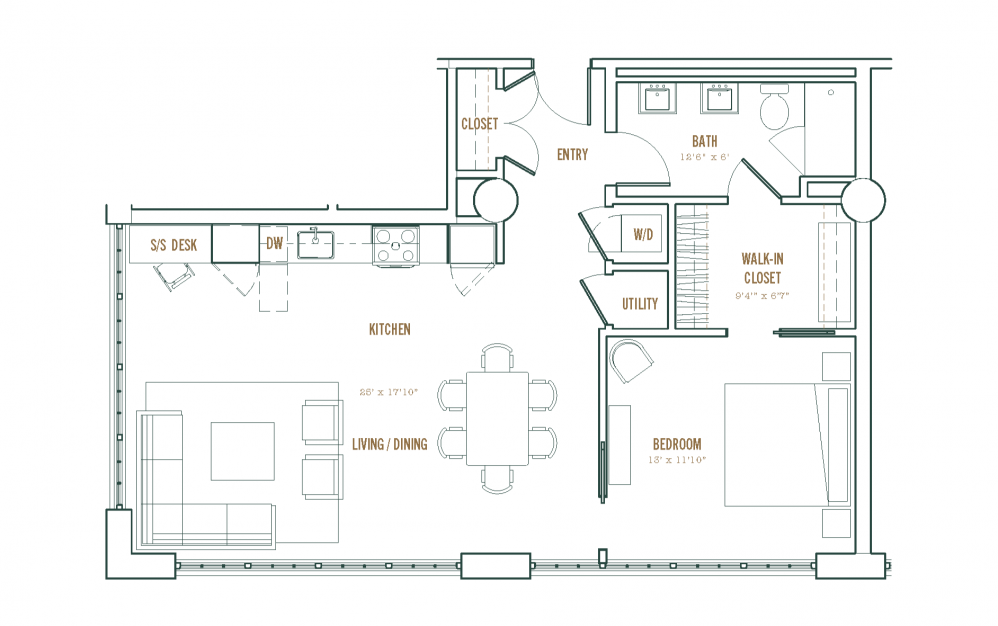 1 Bedroom - 1 bedroom floorplan layout with 1 bath and 930 square feet.
