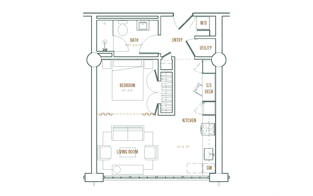 Studio A - Studio floorplan layout with 1 bath and 530 to 540 square feet.