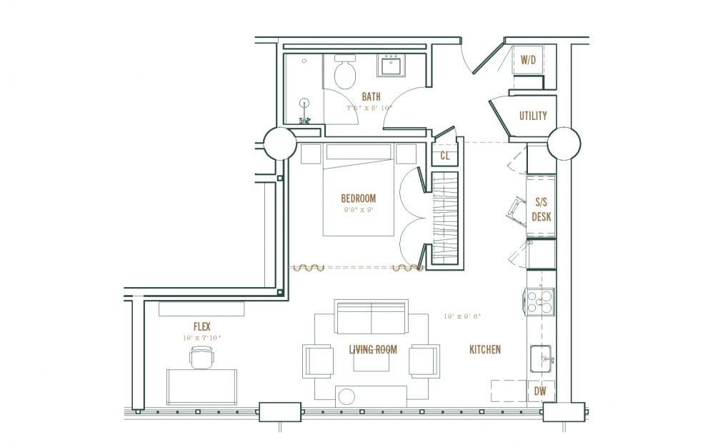 Studio B - Studio floorplan layout with 1 bath and 619 square feet.
