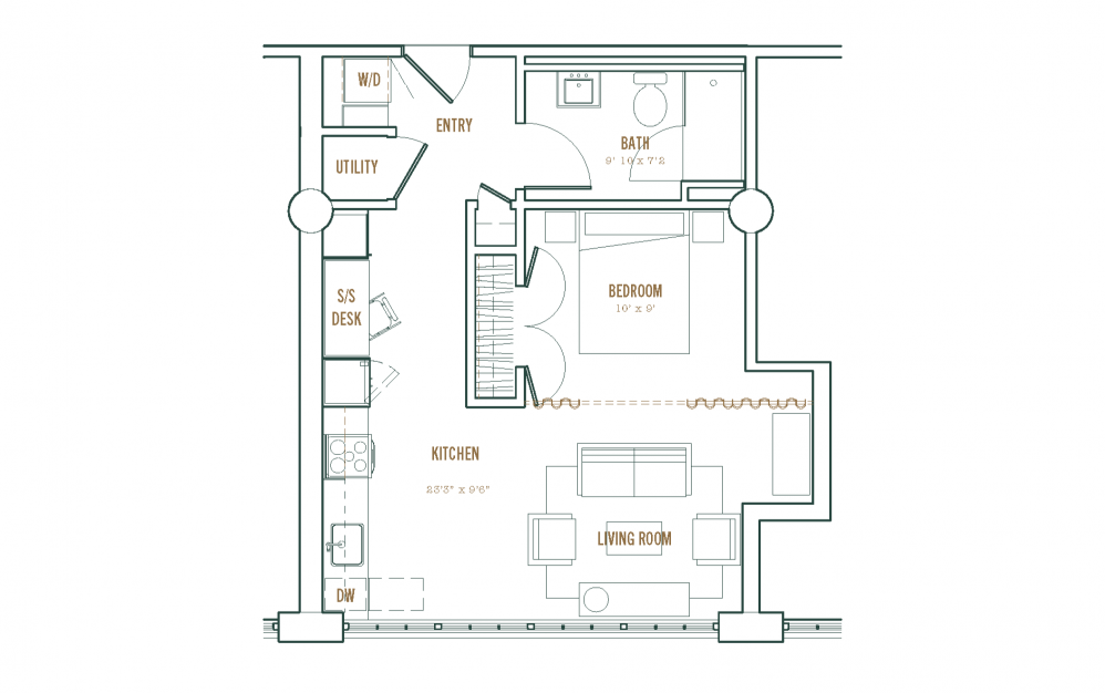 Studio C - Studio floorplan layout with 1 bath and 557 square feet.